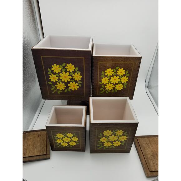 Imperial Hand Carved HardWood Canisters Yellow Flowers Japan Vintage Set nesting - Picture 13 of 16